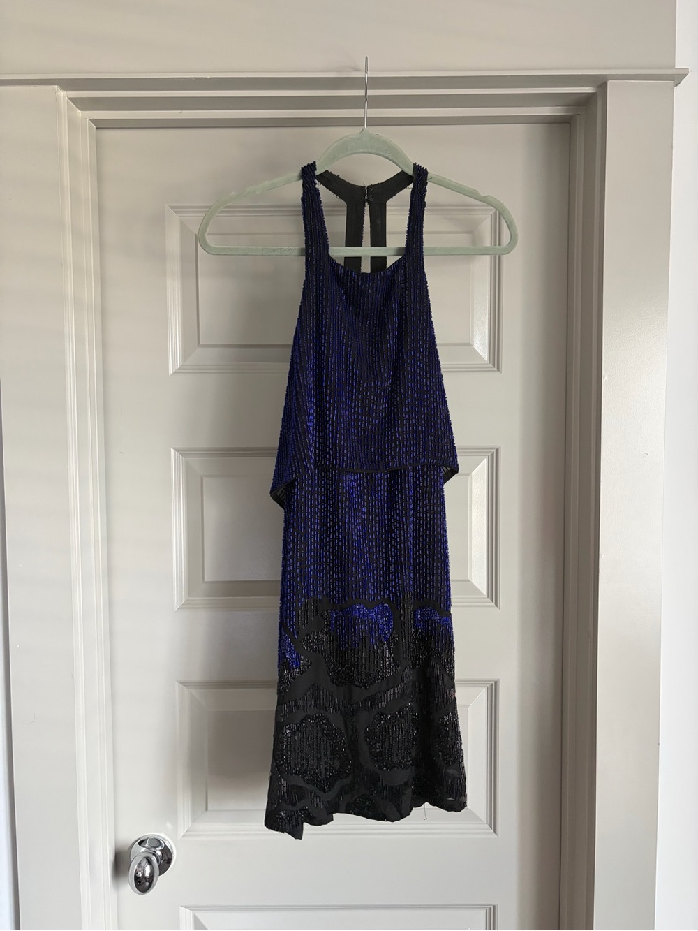 Parker Blue and Black Beaded Halter Mini Dress